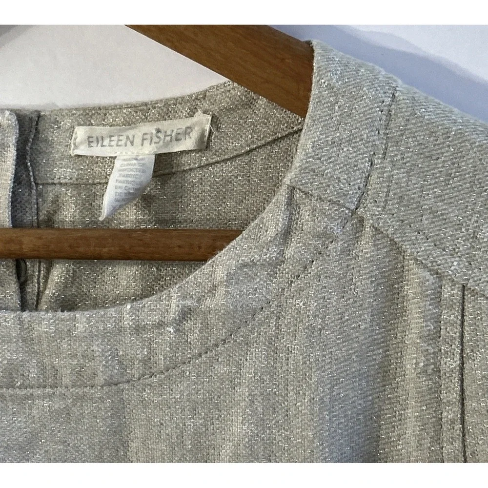 Eileen‎ Fisher Organic Linen Shift Dress Pockets Beige Holiday Sparkle Sz XS EC